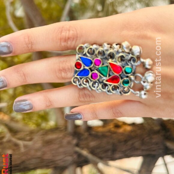 Afghan Multicolor Glass Stones Kuchi Ring, Afghan Statement Ring With Beads, - Picture 2 of 10